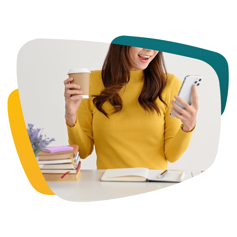 Women with coffee checking up on SMS