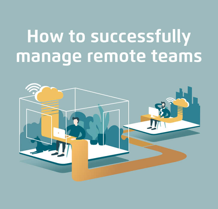 Illustration of people working at desks in separate buildings connected by a wifi cloud