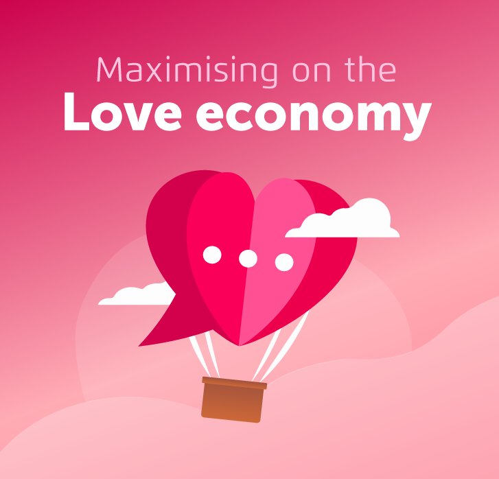 Illustration of heart shaped hot air balloon with 3 message dots to represent text message