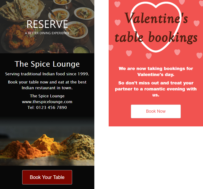 Book table SMS Web Page