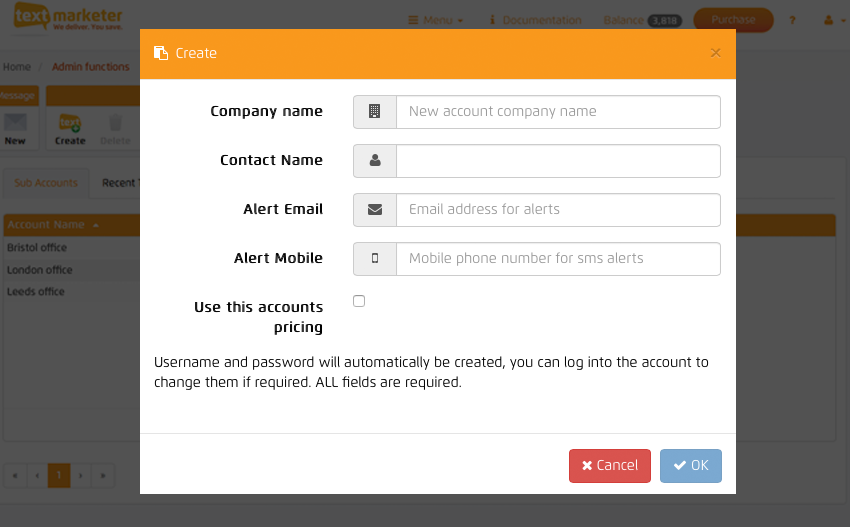 Create-sub-account Business SMS marketing