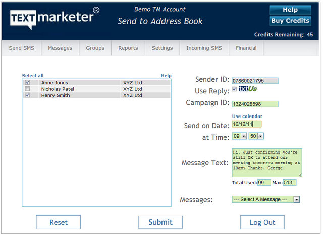Address Book Screen Send bulk SMS from Address Book