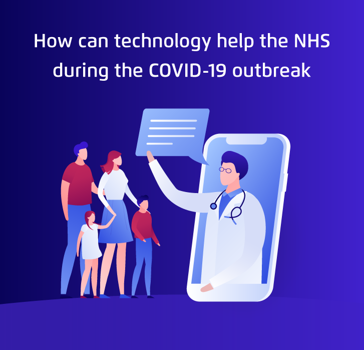 Illustration of doctor coming out of mobile phone with a text message in hand talking to a family