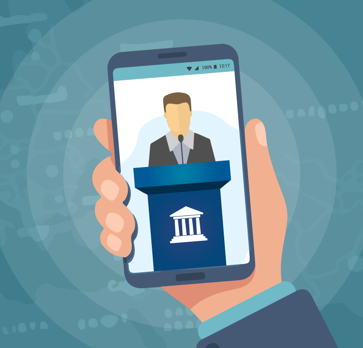 Illustration of local government official behind podium on a mobile phone screen
