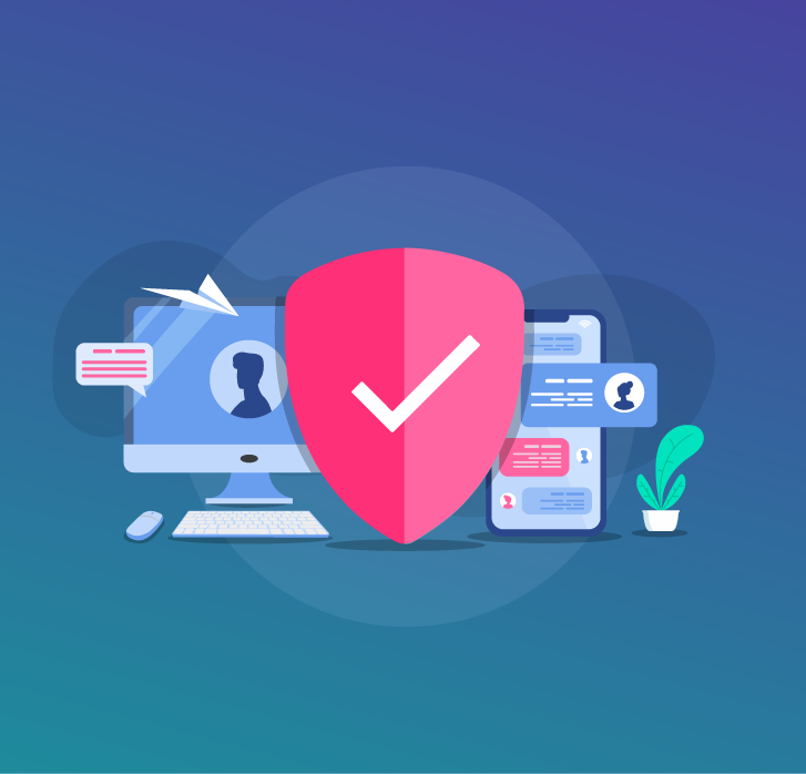 Illustration depicting data security with computer screens, mobiles and a shield