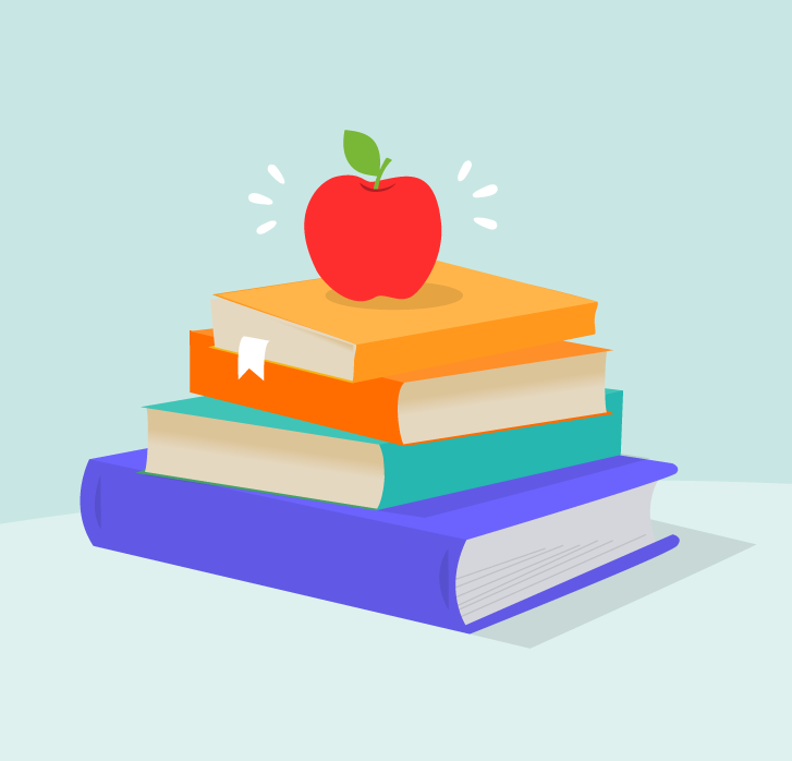 Pile of school books with an apple ontop