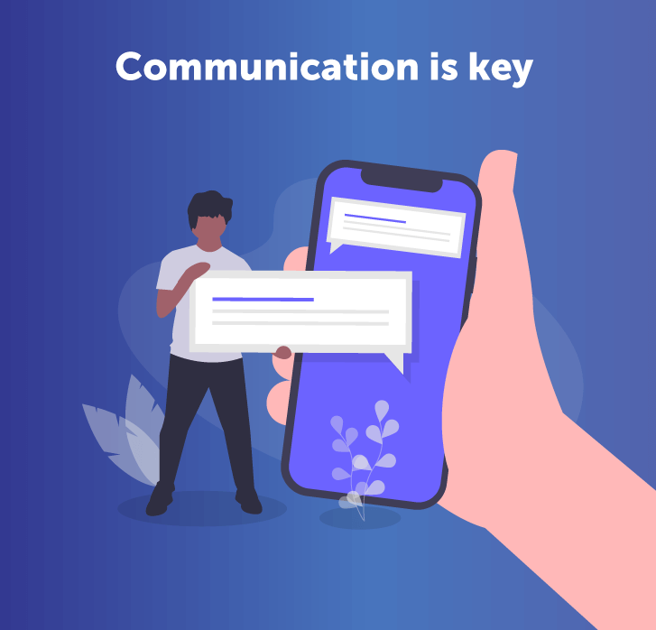 Illustration of hand holding phone, with man next to it holding an SMS bubble