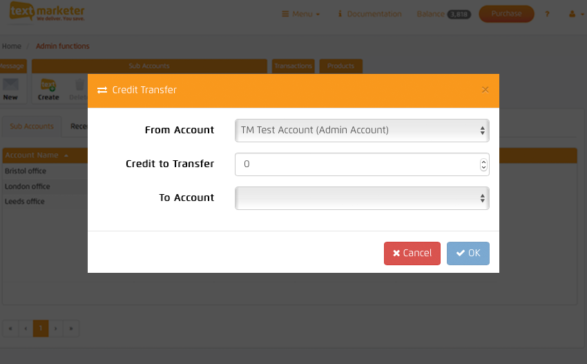 Transfer credits to sub accounts