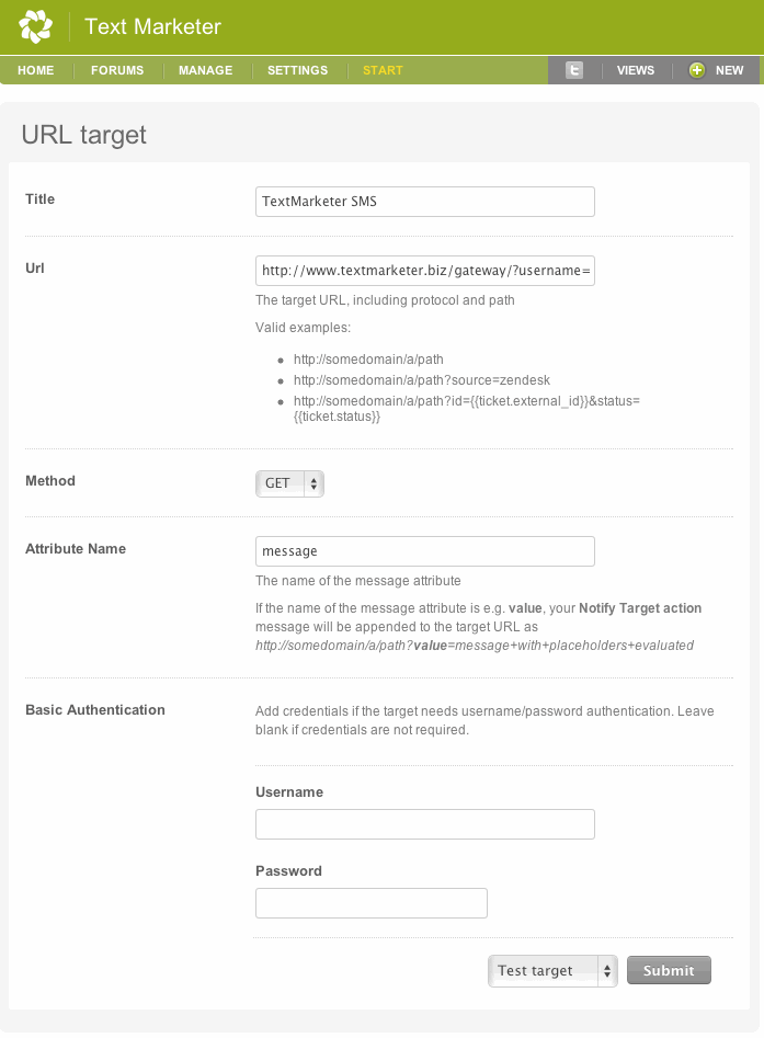 Zendesk Text Message target